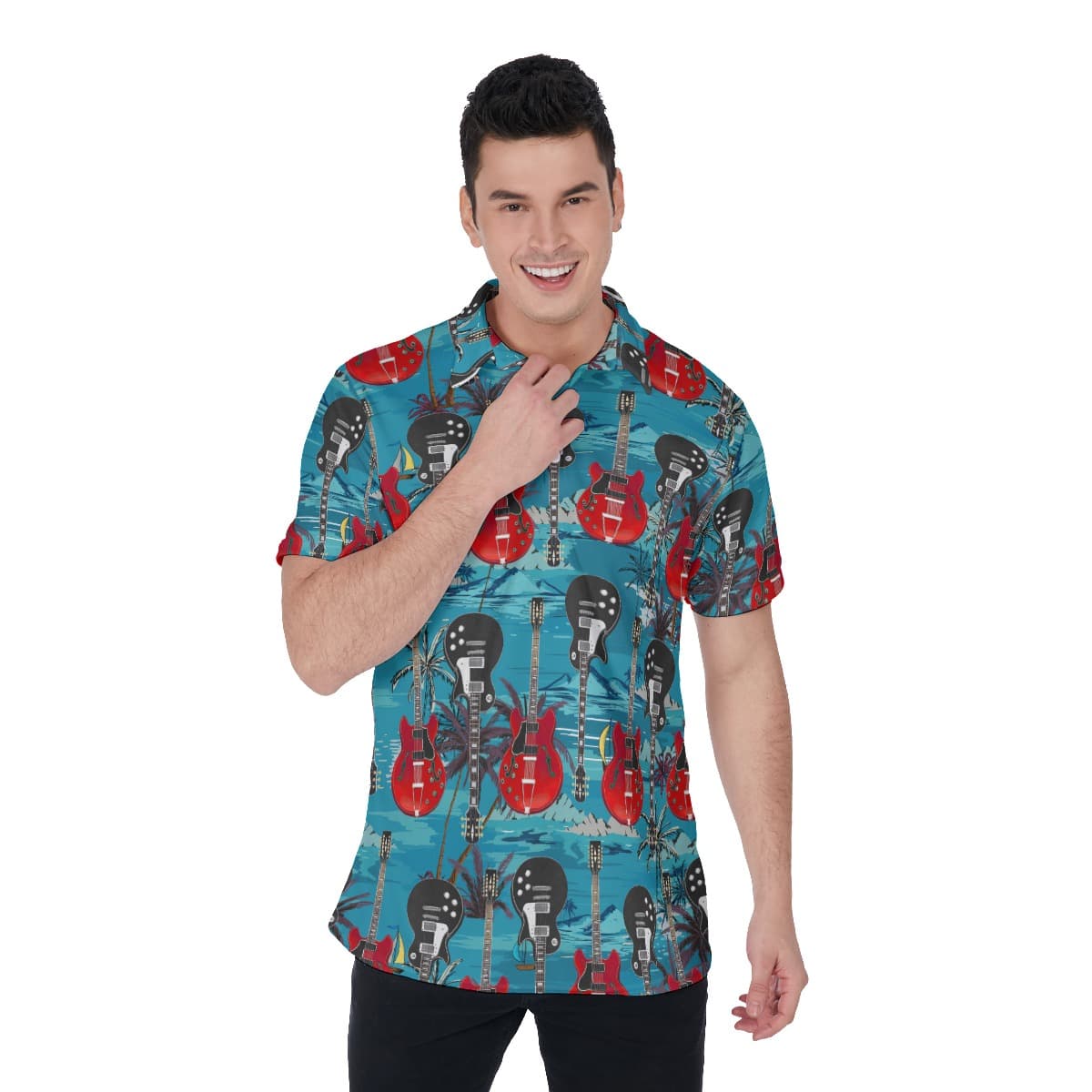 Electric Guitar Musical Blue Hawaiian Polo Shirt For Men (1)