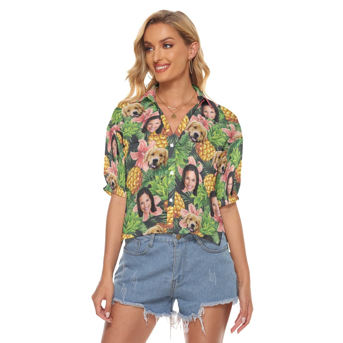 Face And Dog Custom Hawaiian Crop Top Shirt (1)