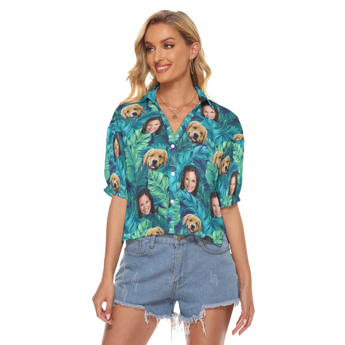 Face And Dog Custom Hawaiian Cropped Shirt (1)