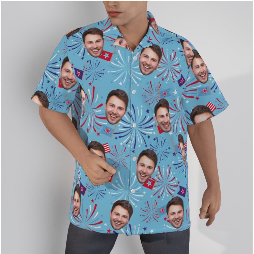Firework Patriotic Men's Button Up Shirt With Custom Face (1)