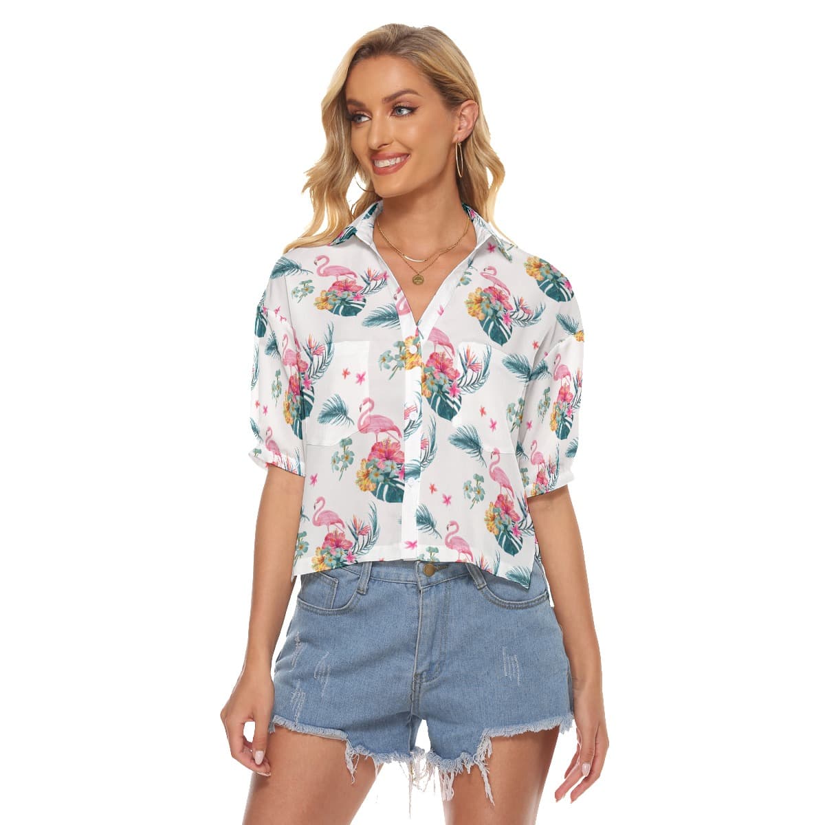 Flamingo Cool Hawaiian Crop Top Shirt For Women (1)