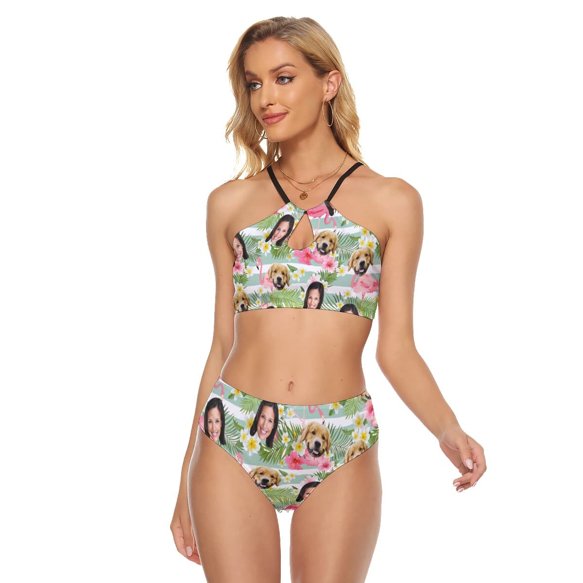 Flamingo Custom Face And Dog Hawaiian Two-piece Swimsuit (1)