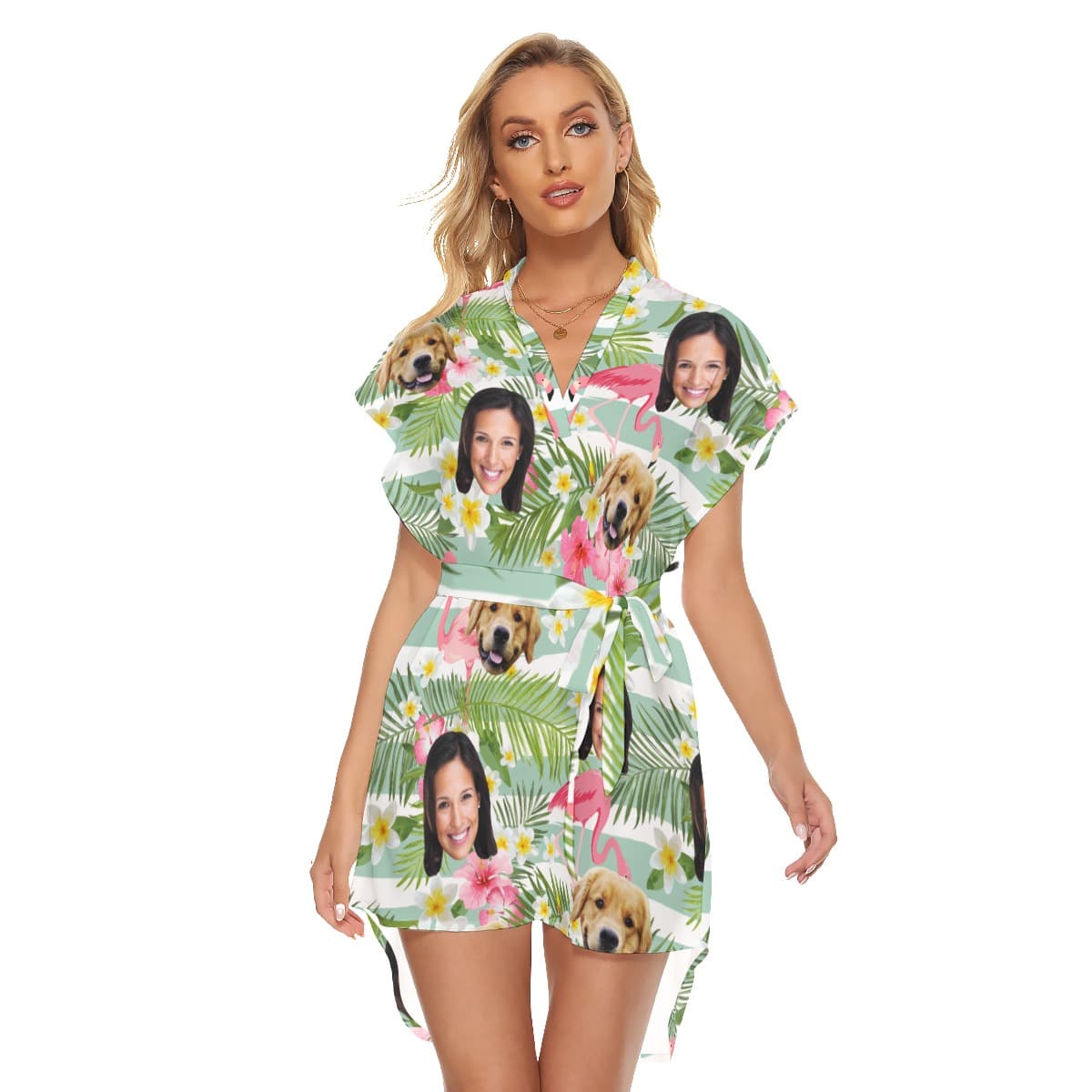 Flamingo Customize And Dog Hawaiian Dress With Belt For Women (1)