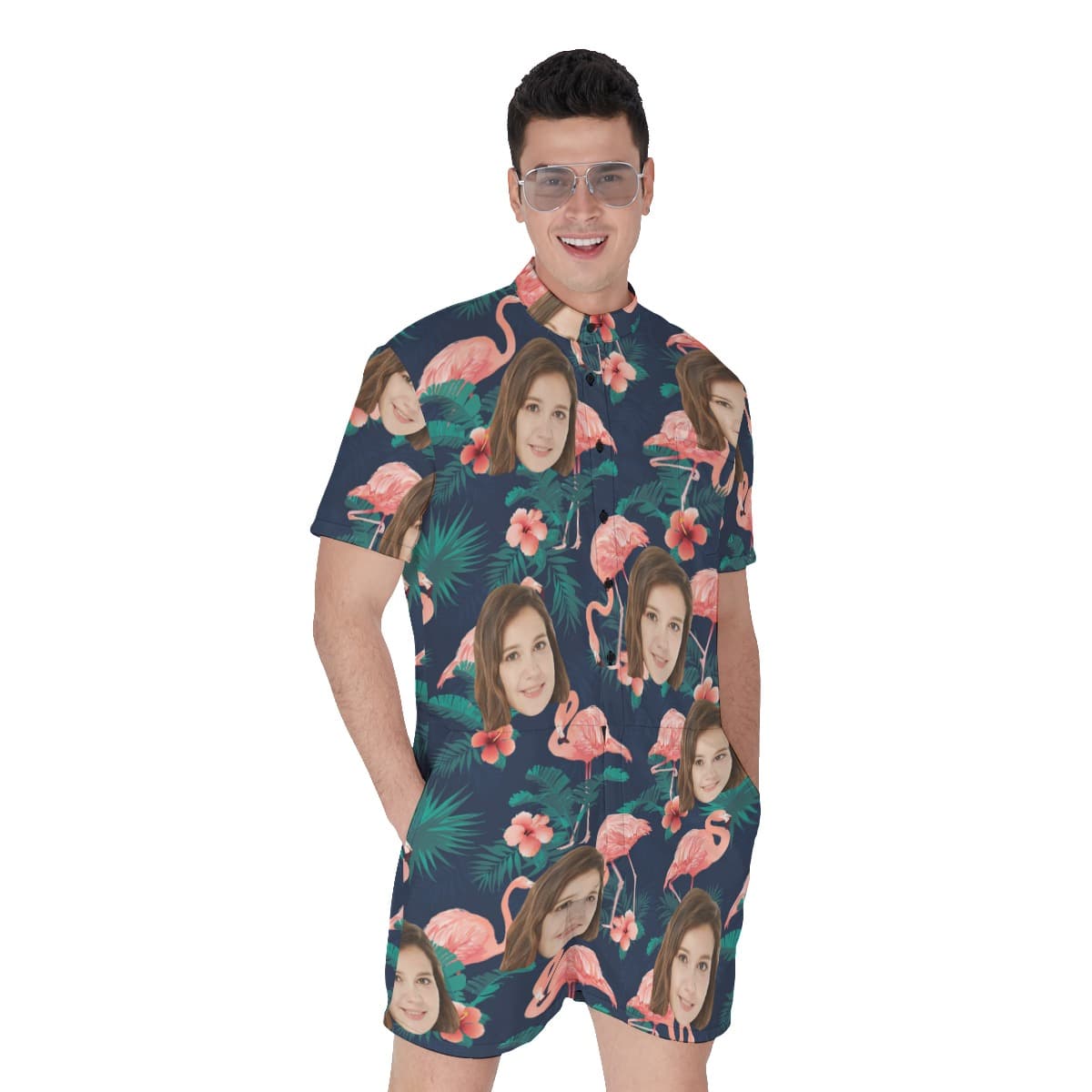 Flamingo Floral Men's Romper With Custom Face (1)