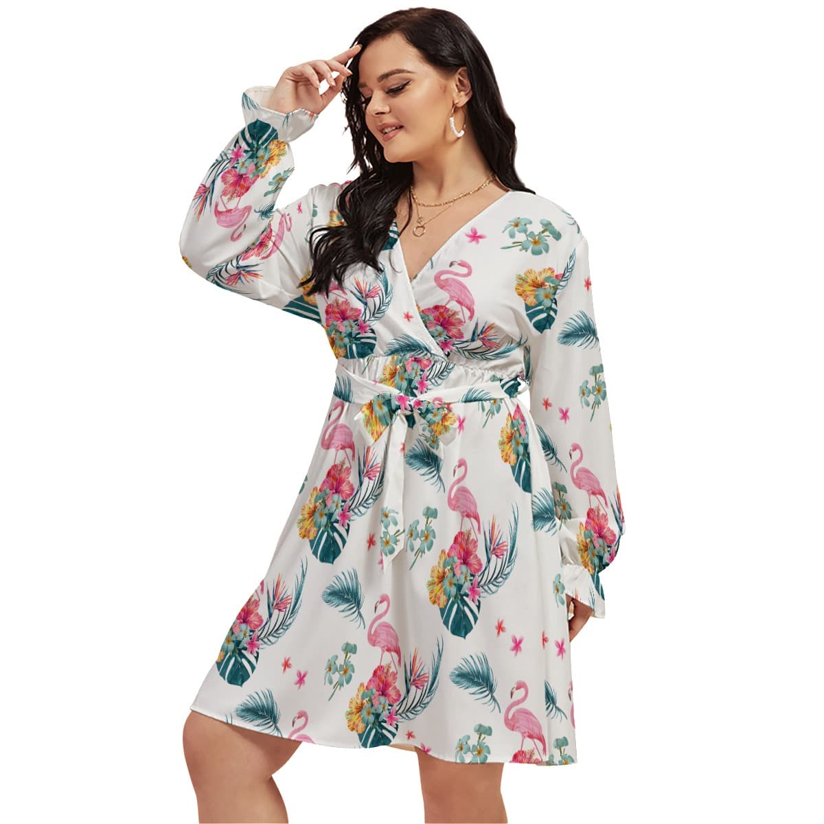 Flamingo Hawaiian Plus Size V-Neck Dress (1)