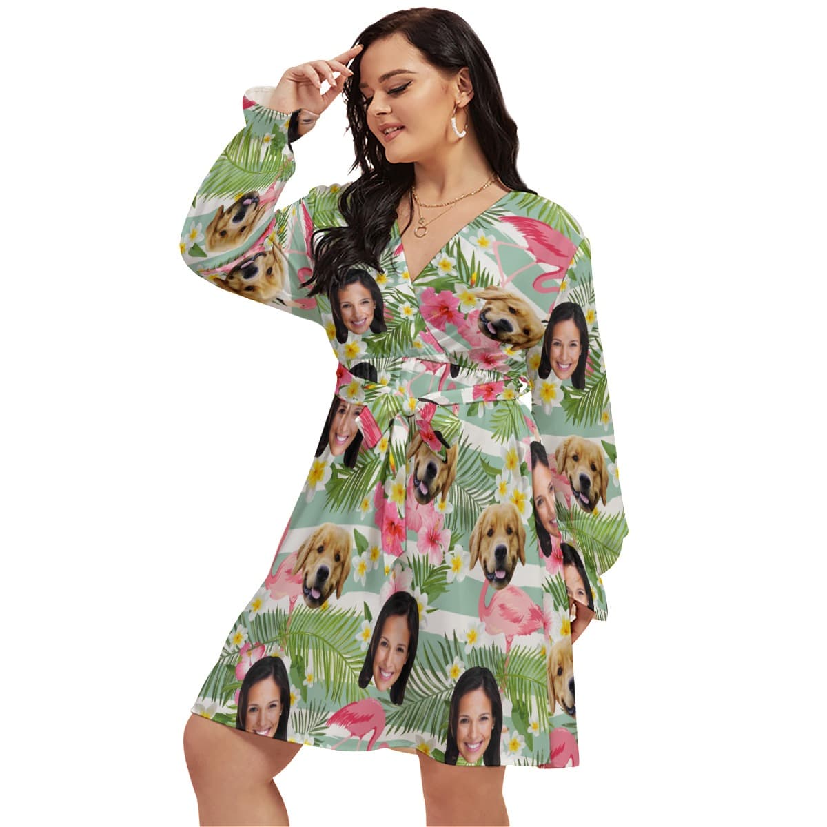 Flamingo Personalized With Dog Hawaiian V-neck Plus Size Dress (1)
