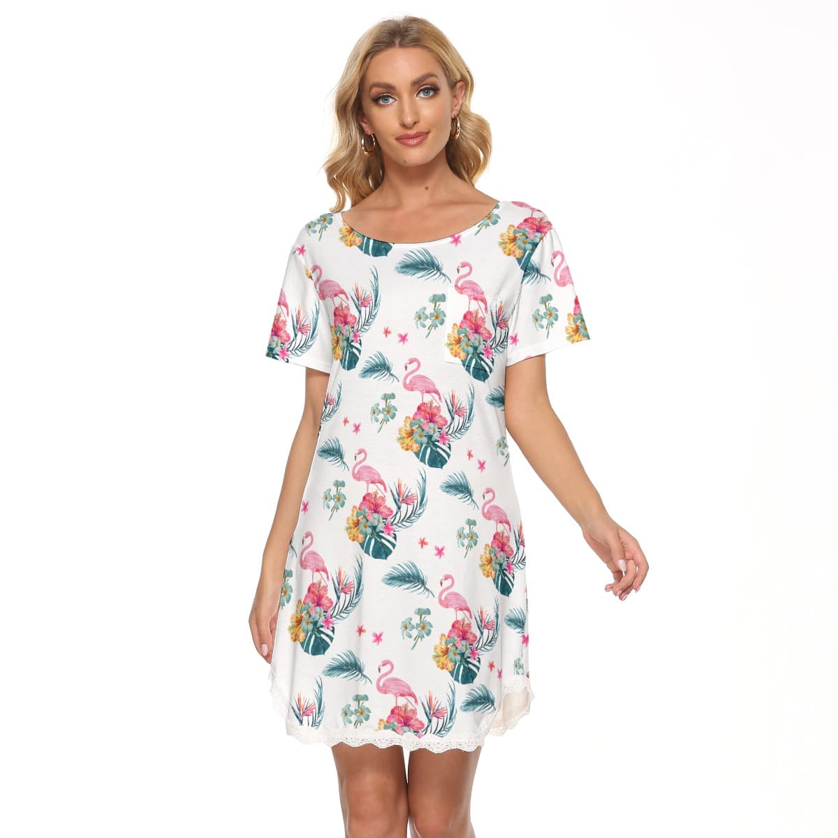 Flamingo Tropical Hawaiian Dress With Lace (1)