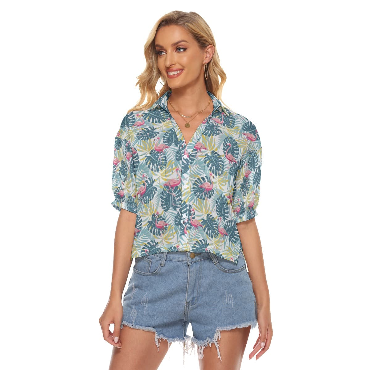 Flamingo Tropical Women’s Aloha Cropped Shirt (3)