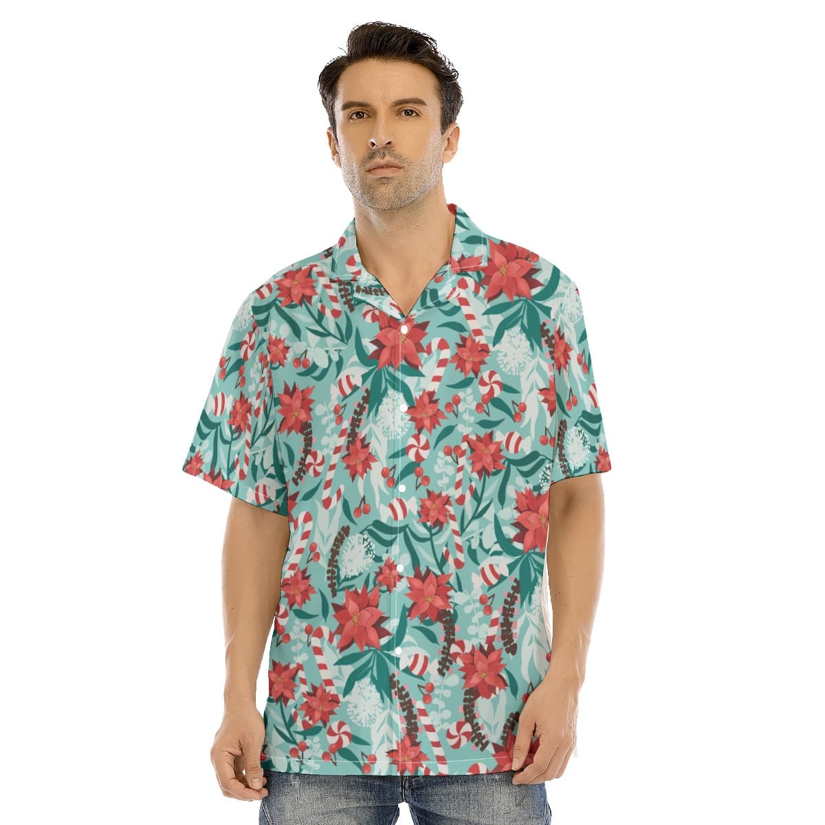 Floral Candy Christmas Blue Hawaiian Shirt