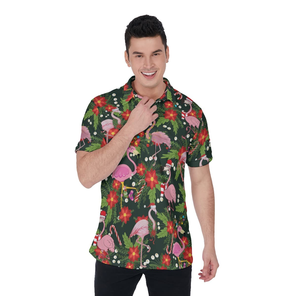 Floral Christmas Flamingo Polo Hawaiian Shirt For Men (1)