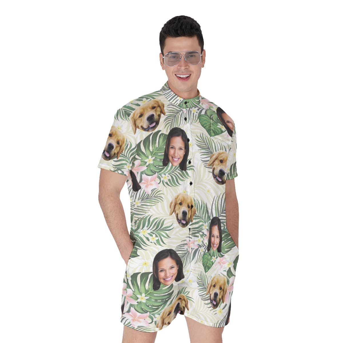 Floral Custom Dog And Owner Face Hawaiian Romper For Men (1)