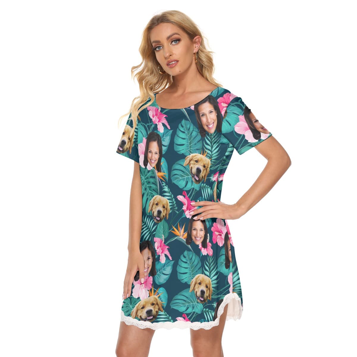 Floral Custom Dog And Owner Hawaiian Lace Dress For Women (4)