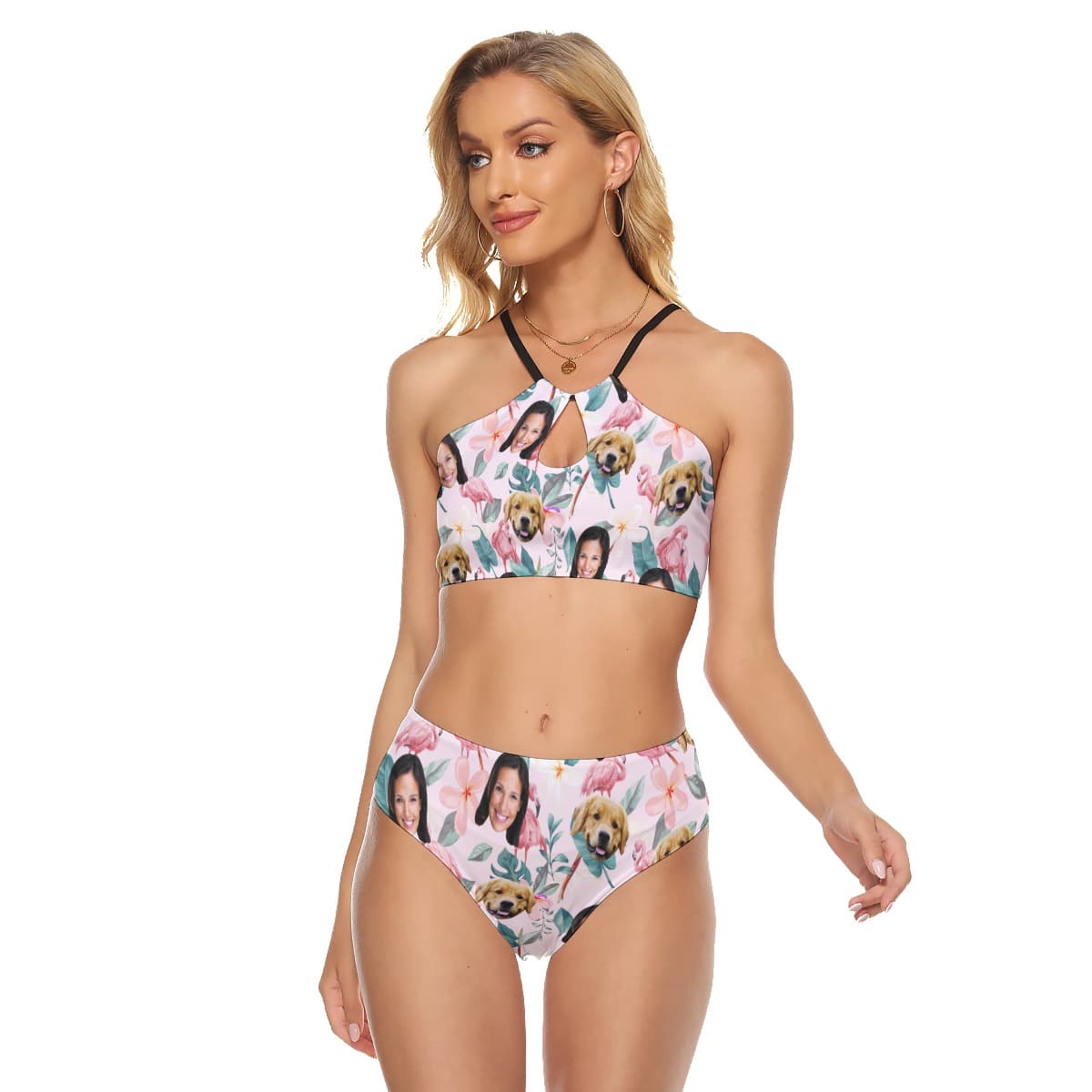 Floral Custom Face And Dog Hawaiian Two-piece Swimsuit For Women (1)