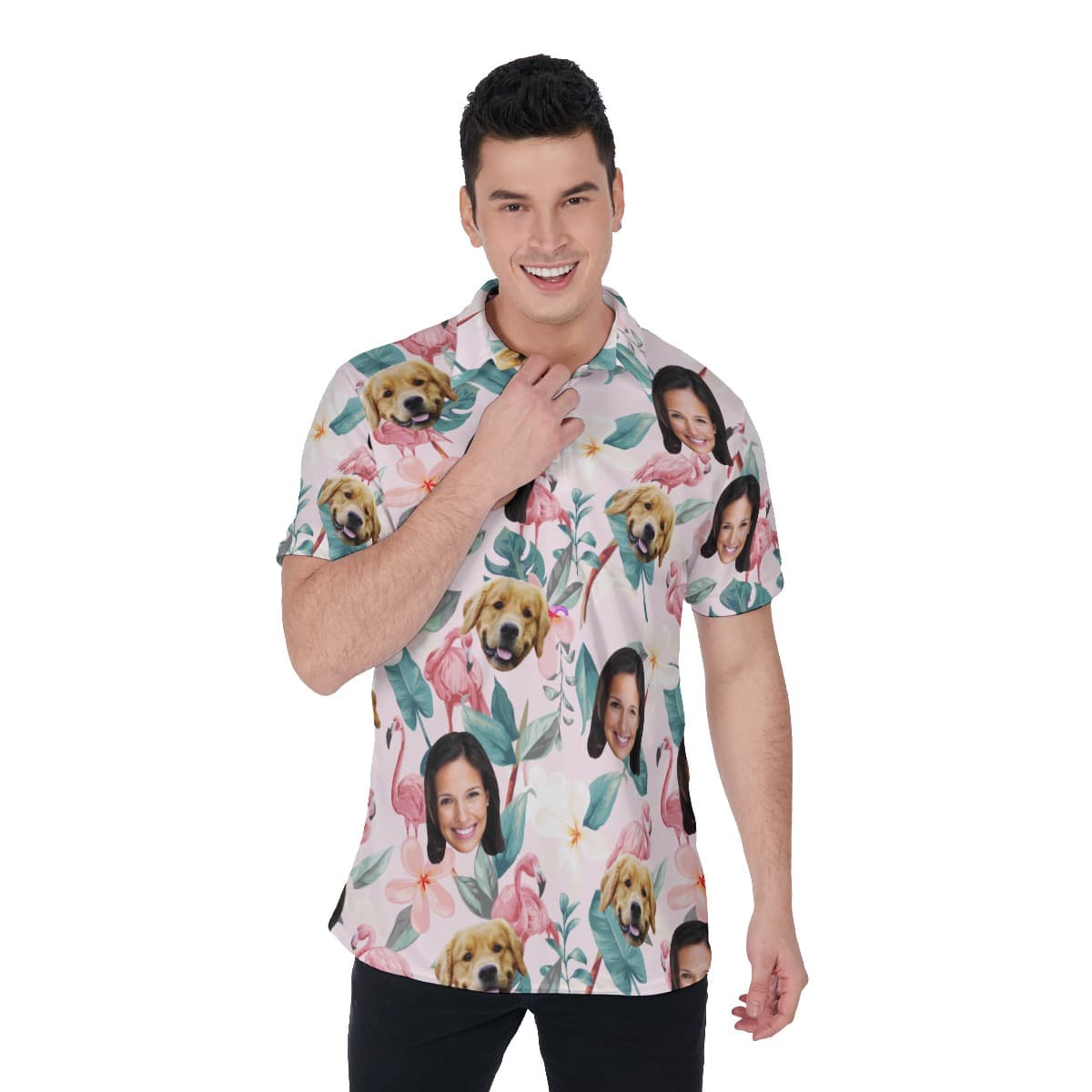 Floral Custom Face And Dog Polo Hawaiian Shirt For Men (1)