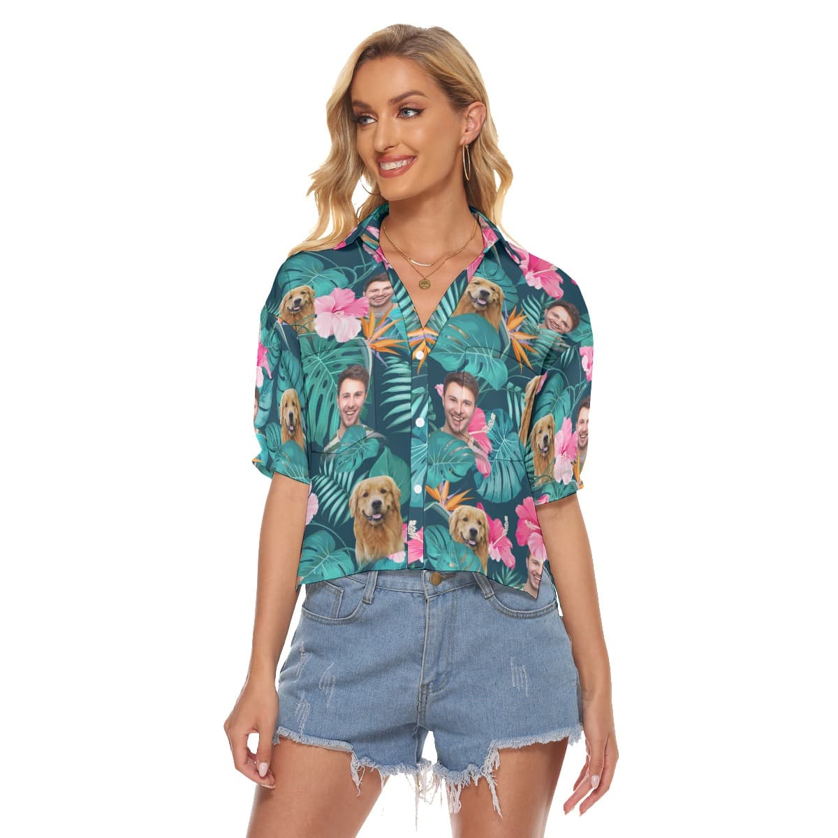 Floral Custom Face And Pet Cropped Hawaiian Shirt (1)