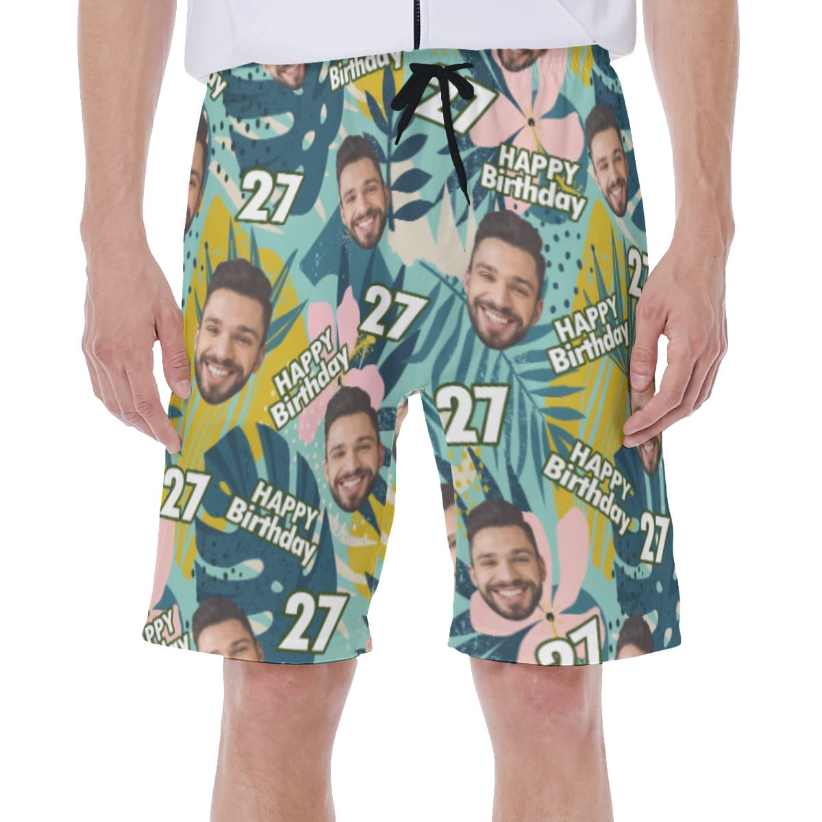 Floral Custom Face Birthday Green Hawaiian Swim Trunks For Men