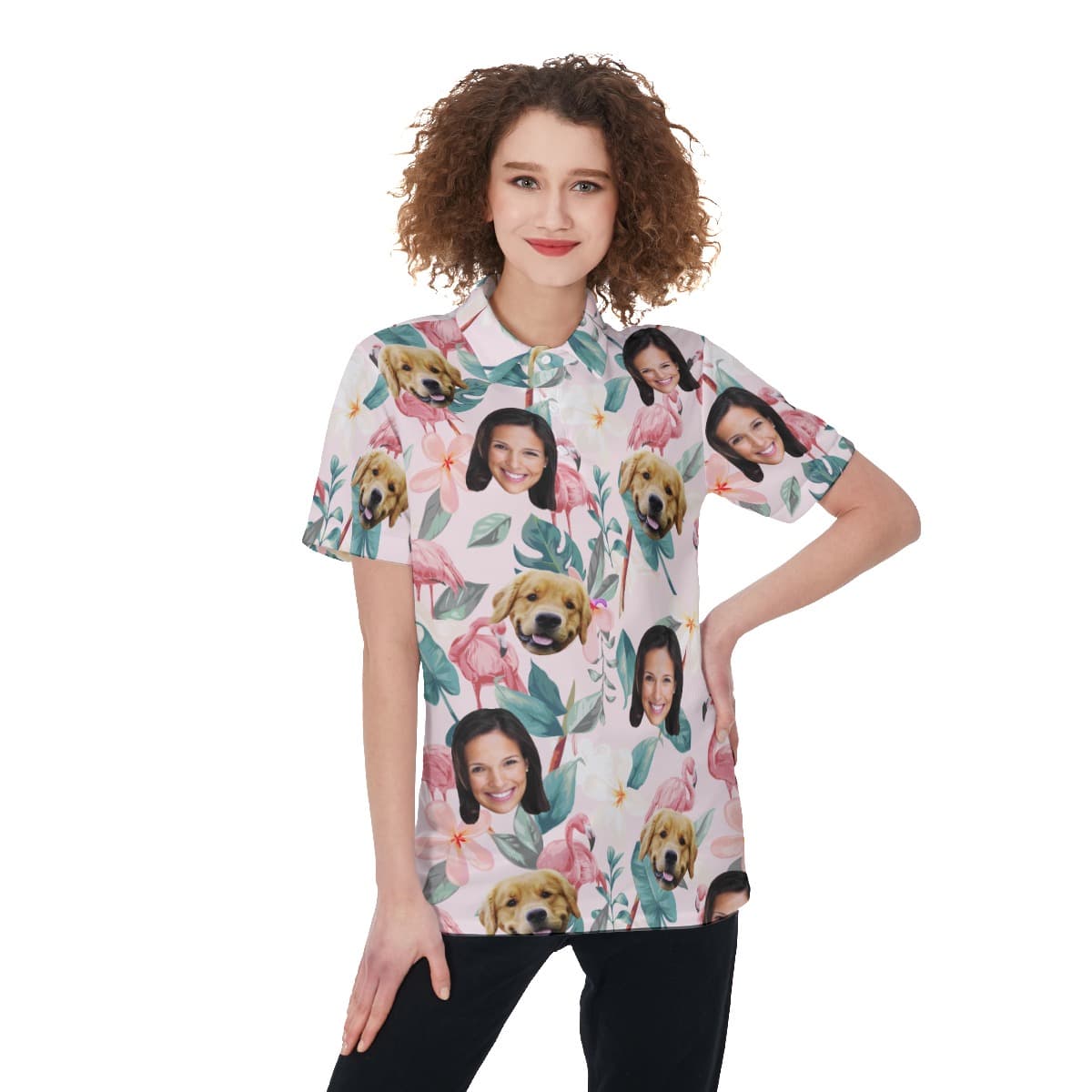 Floral Custom Face Polo Hawaiian Shirt With Dog Face For Women (1)