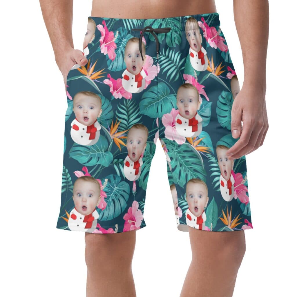 Floral Custom Face Snowman Hawaiian Beach Shorts For Men