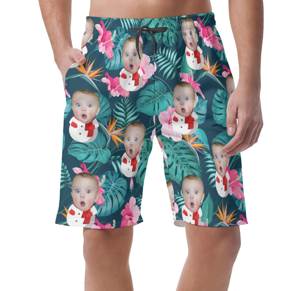 Floral Custom Face Snowman Hawaiian Beach Shorts For Men