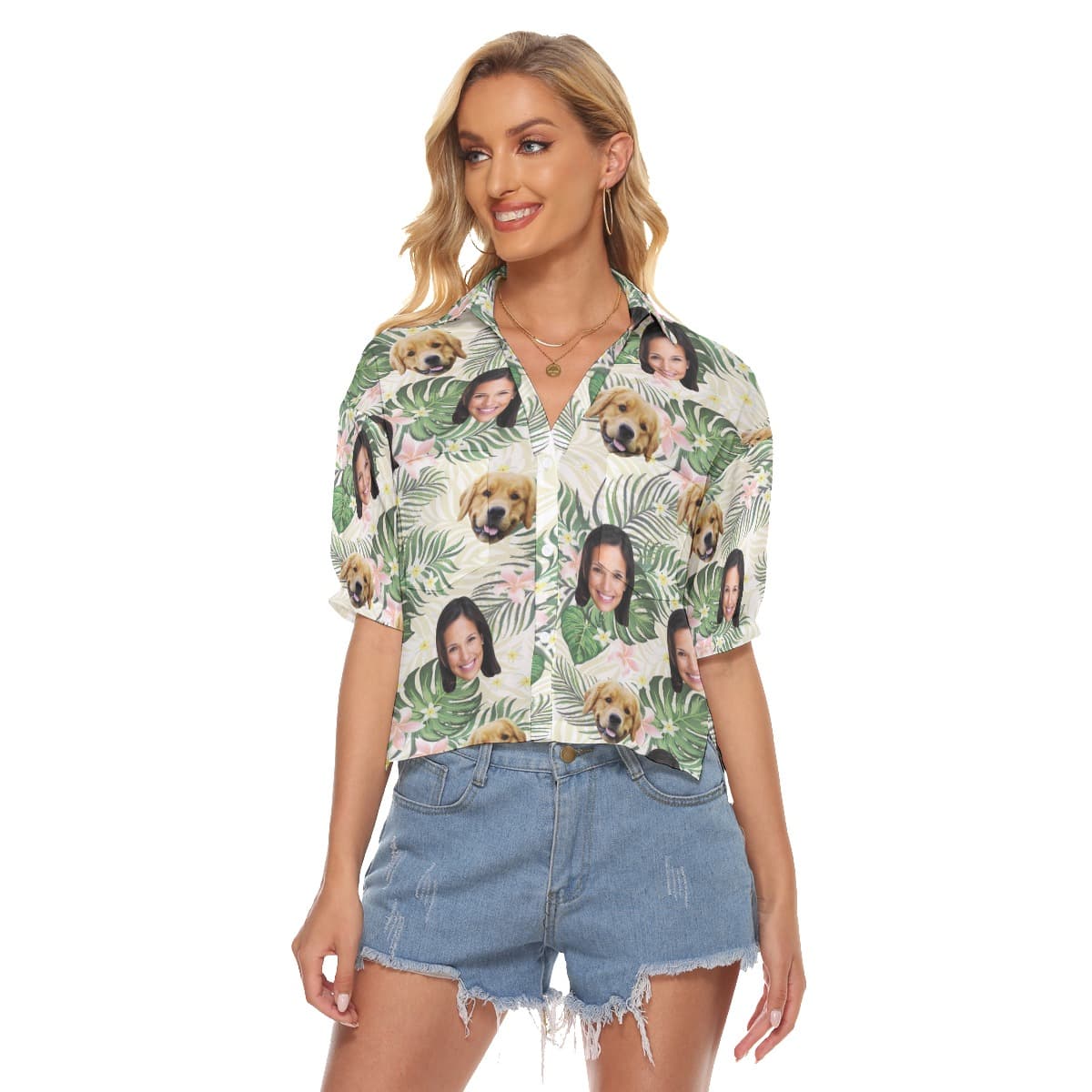 Floral Custom Face With Dog Hawaiian Crop Top Shirt (1)