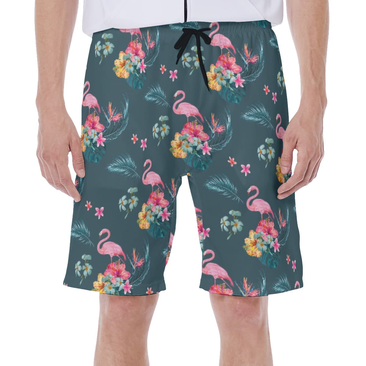 Floral Flamingo Blue Hawaiian Swim Trunks For Men (1)