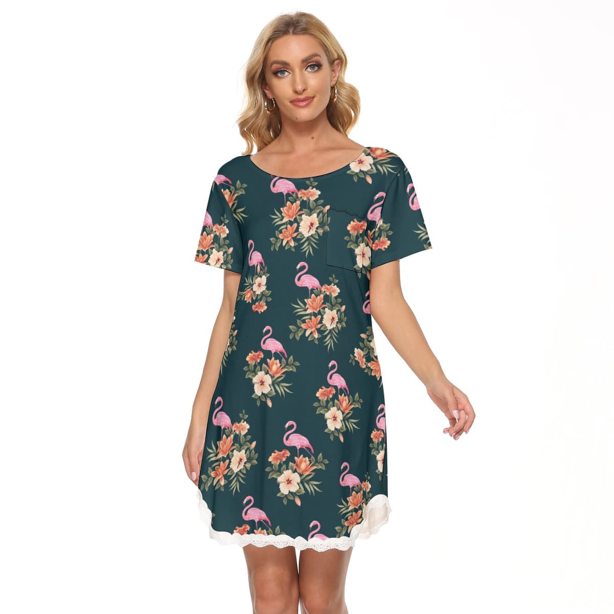Floral Flamingo Hawaiian Dress With Lace (1)