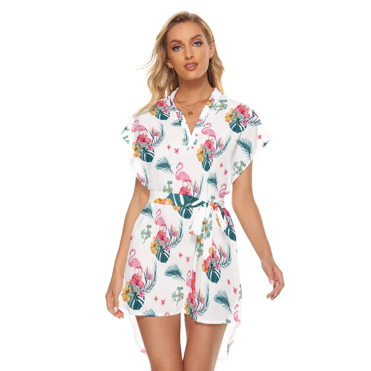 Floral Flamingo Hawaiian Dress With Tie (1)