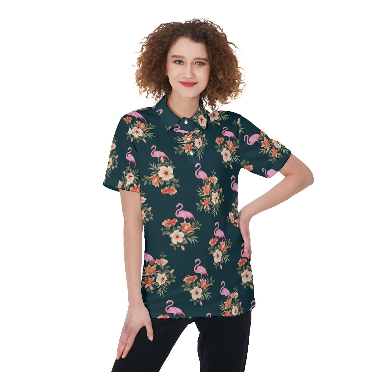 Floral Flamingo Polo Hawaiian Shirt For Women (1)