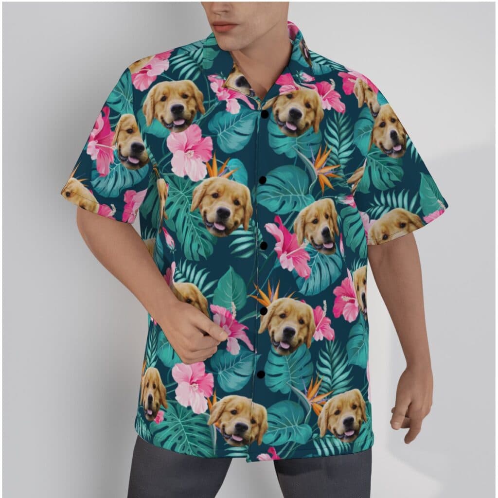 Floral Hibicus Custom Dog Face Men's Hawaiian Shirt