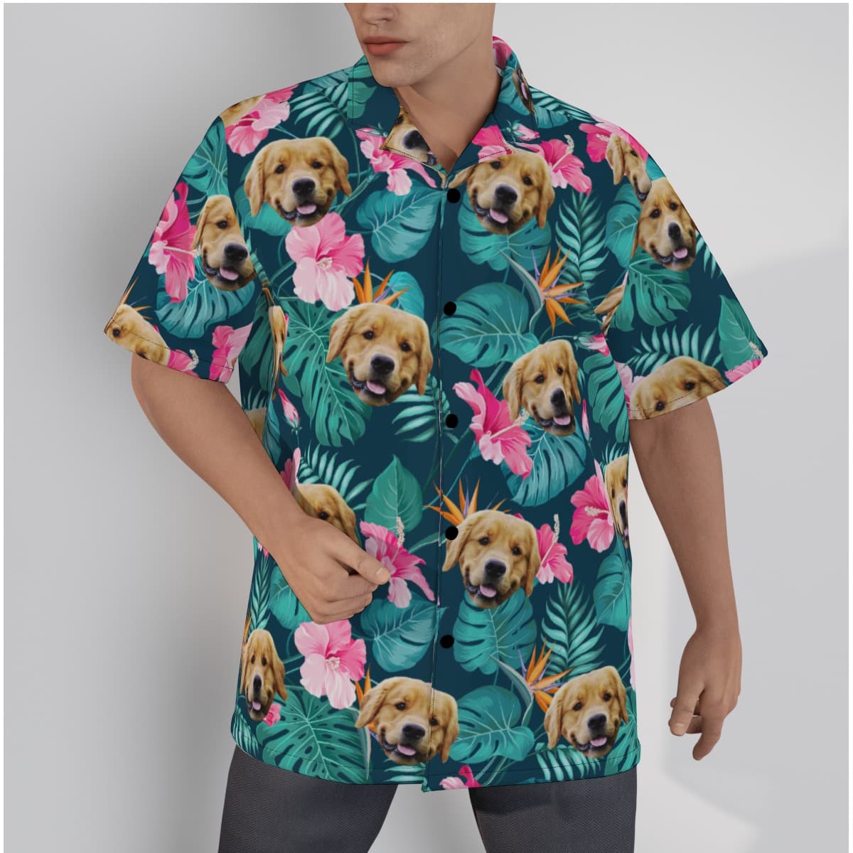 Floral Hibicus Custom Dog Face Men's Hawaiian Shirt