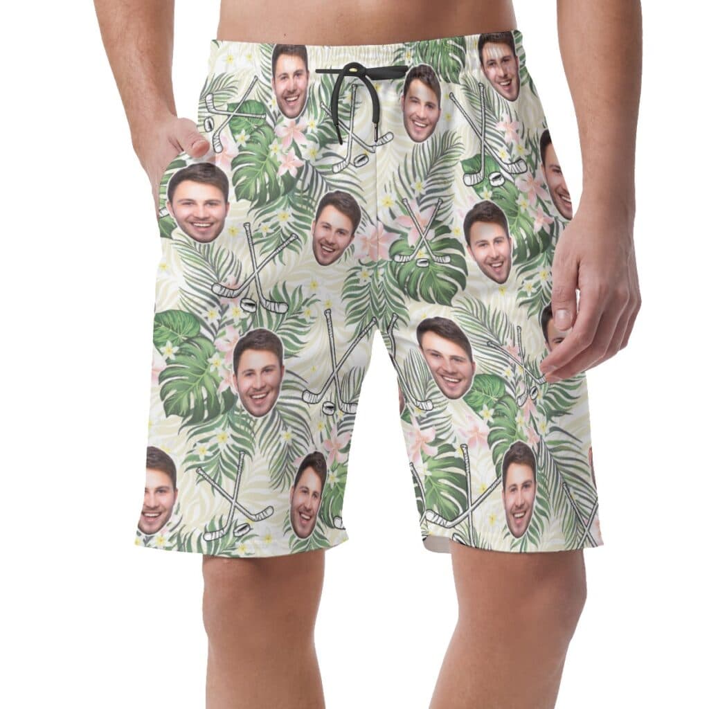 Floral Hockey Custom Face Hawaiian Beach Shorts For Men