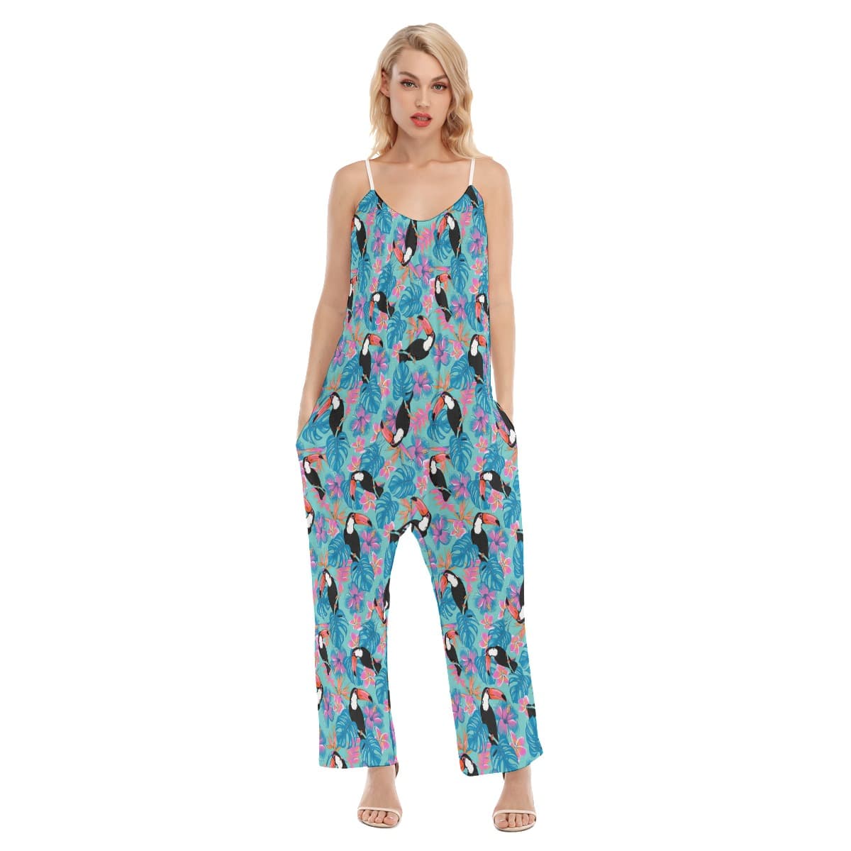 Floral Parrots Hawaiian Cami Loose Jumpsuit For Summer
