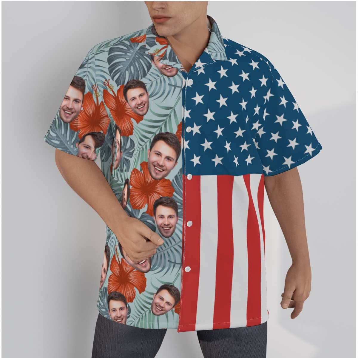Floral Patriotic Custom Face Blue Hawaiian Shirt (1)