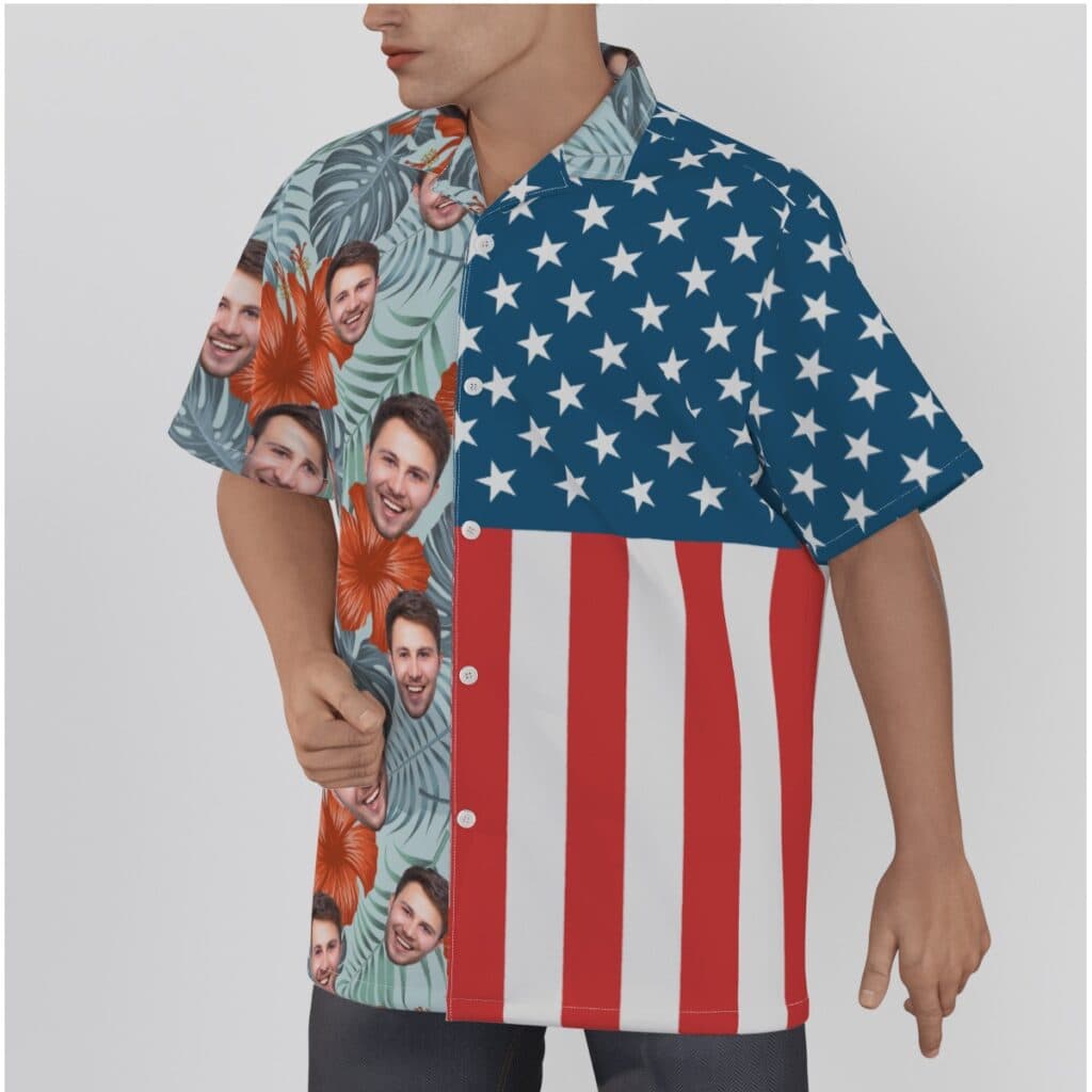 Floral Patriotic Custom Face Blue Hawaiian Shirt