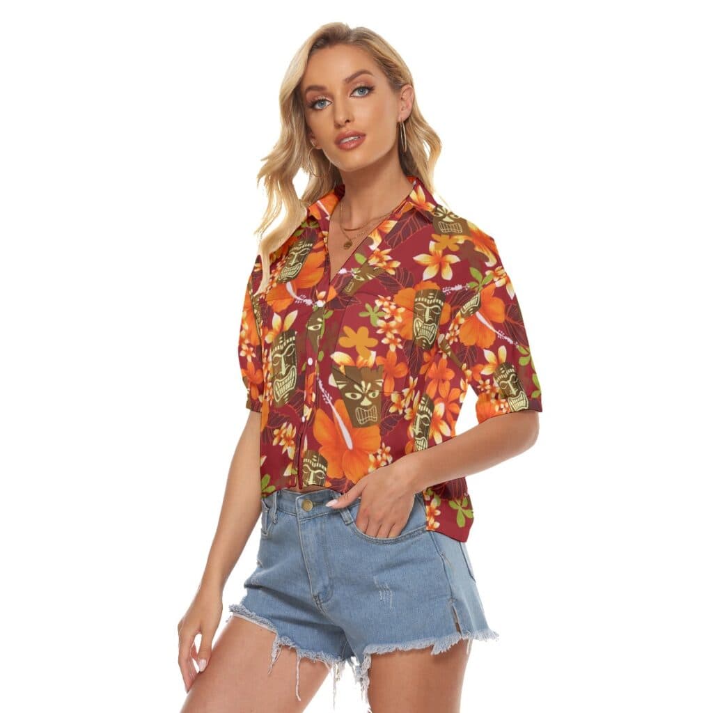 Floral Tiki Hawaiian Cropped Shirt For Summer