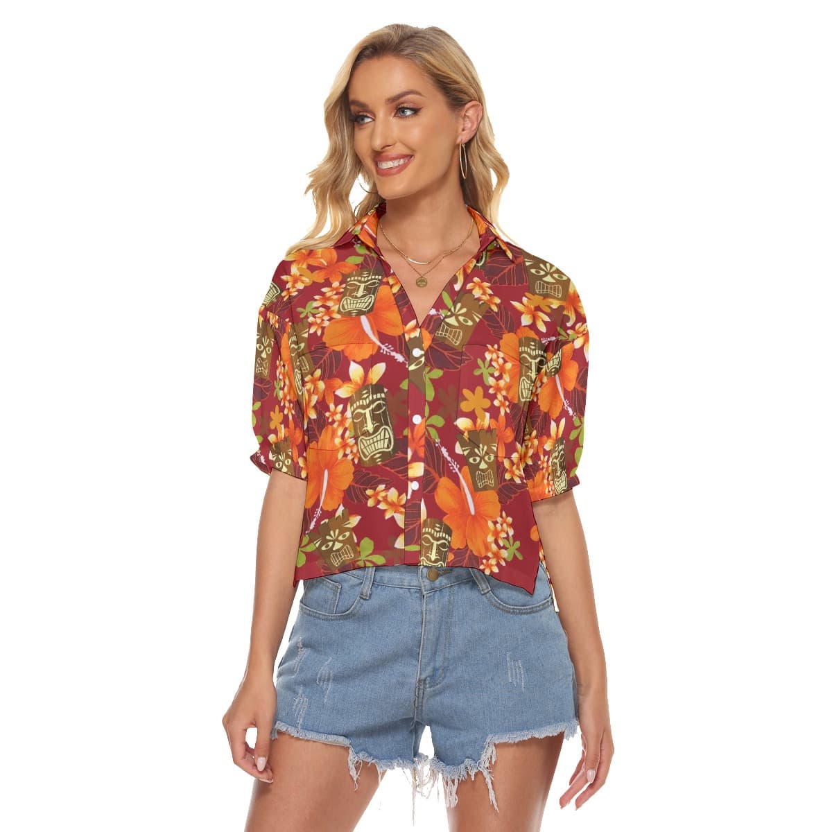 Floral Tiki Hawaiian Cropped Shirt For Summer