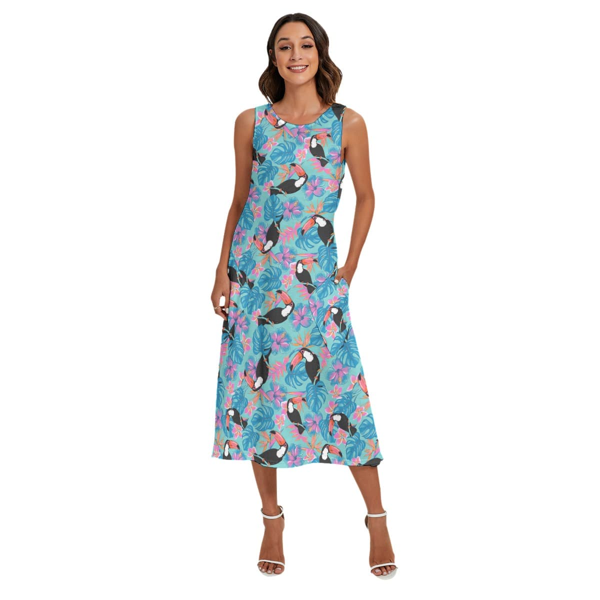 Floral Toucan Blue Hawaiian Long Dress With Pockets For Women (4)