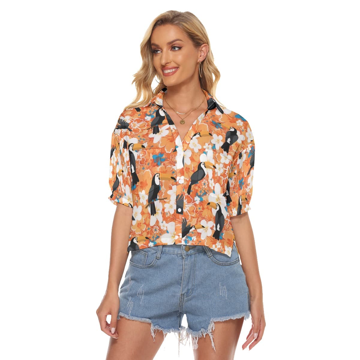 Floral Toucan Orange Aloha Crop Top Shirt (4)