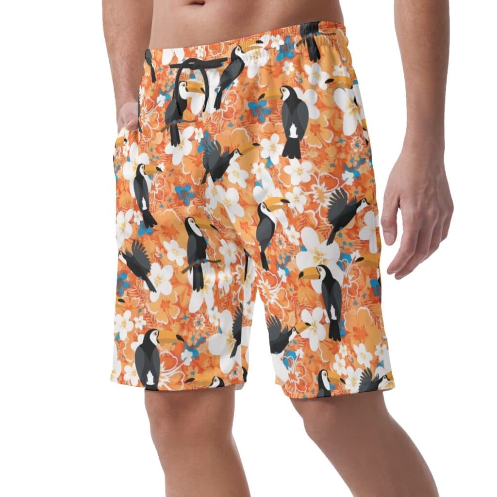 Floral Toucan Orange Hawaiian Beach Shorts For Men