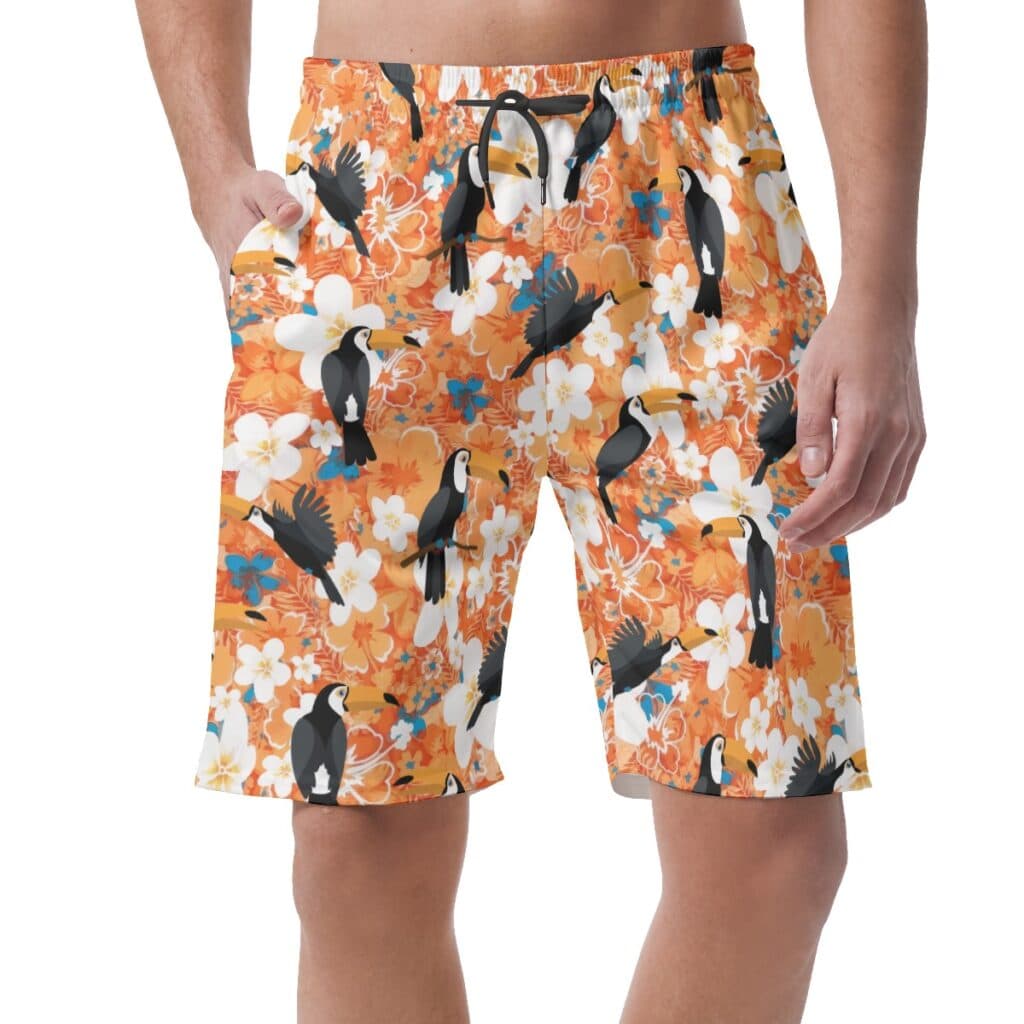 Floral Toucan Orange Hawaiian Beach Shorts For Men