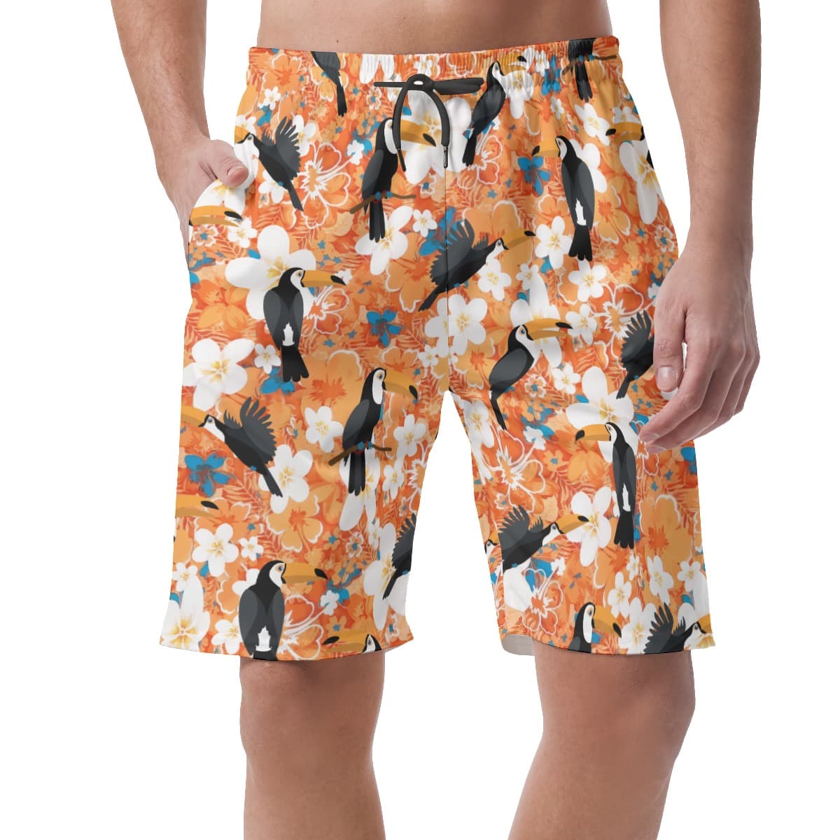 Floral Toucan Orange Hawaiian Beach Shorts For Men