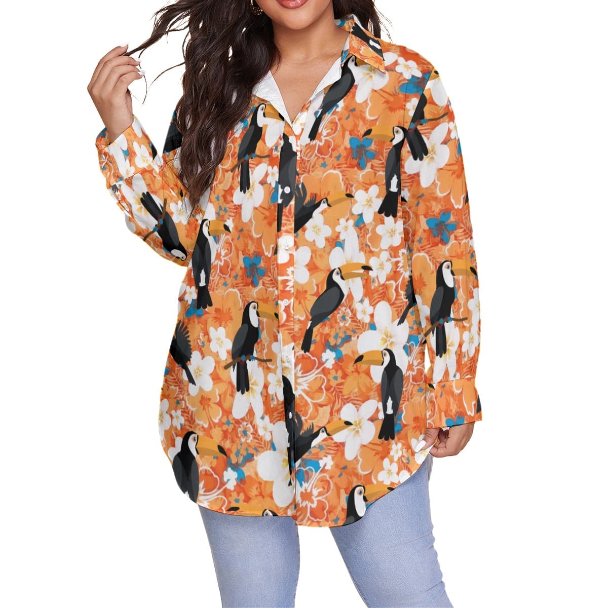 Floral Toucan Orange Hawaiian Plus Size Shirt For Women