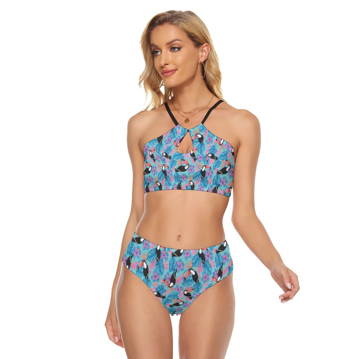 Floral Toucans Blue Summer Two-pieces Swimsuit For Women (4)