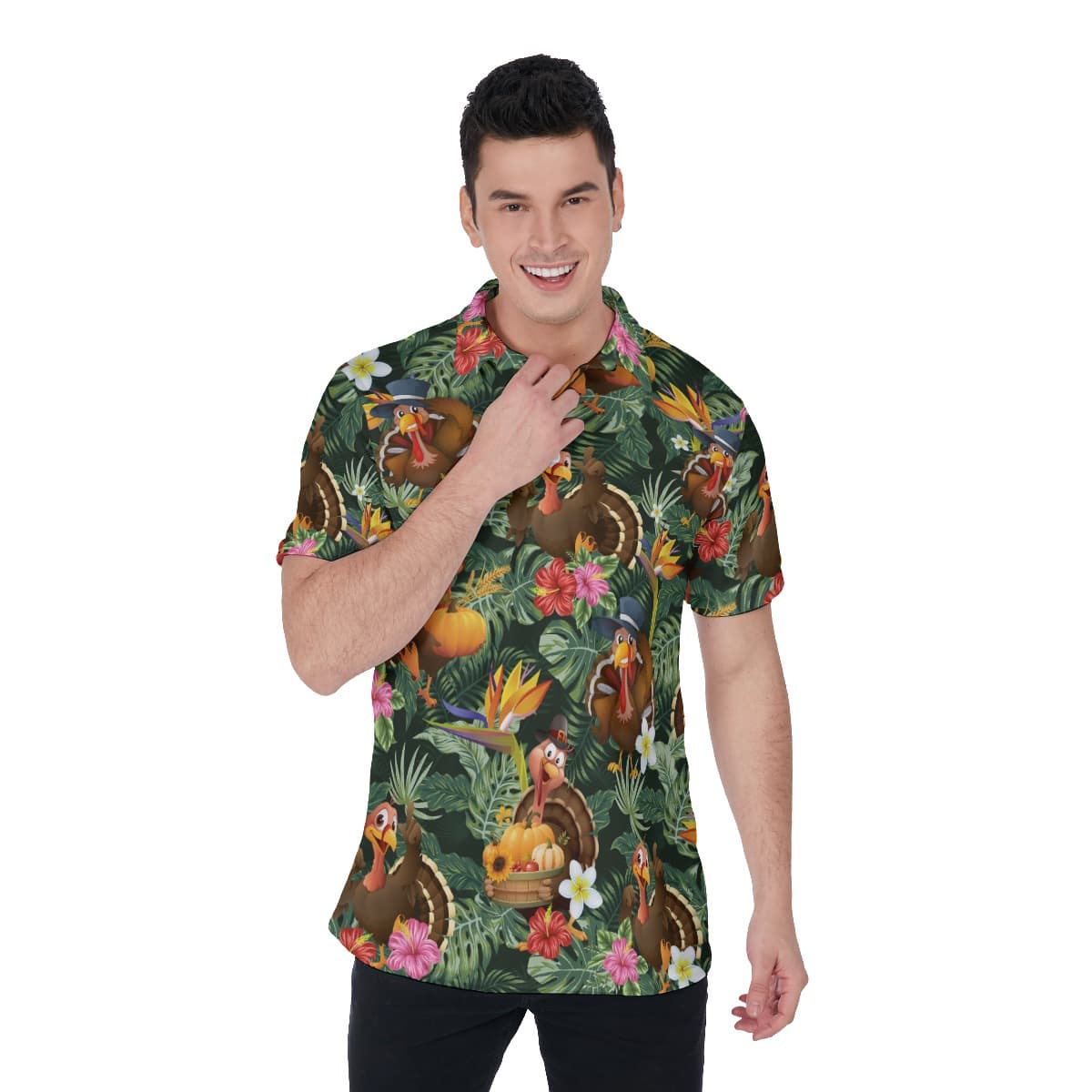 Floral Turkey Thanksgiving Polo Hawaiian Shirt For Men (1)