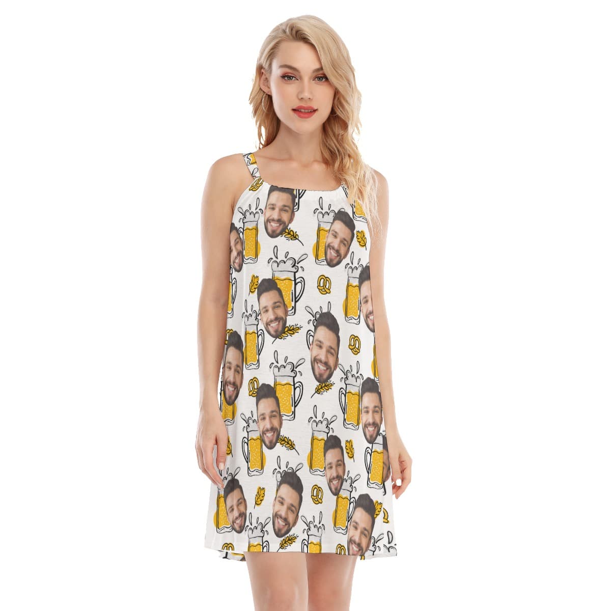 A Cami Dress with design of multiple portraits of a happy man surrounded by drawings of frothy beer mugs and pretzels.