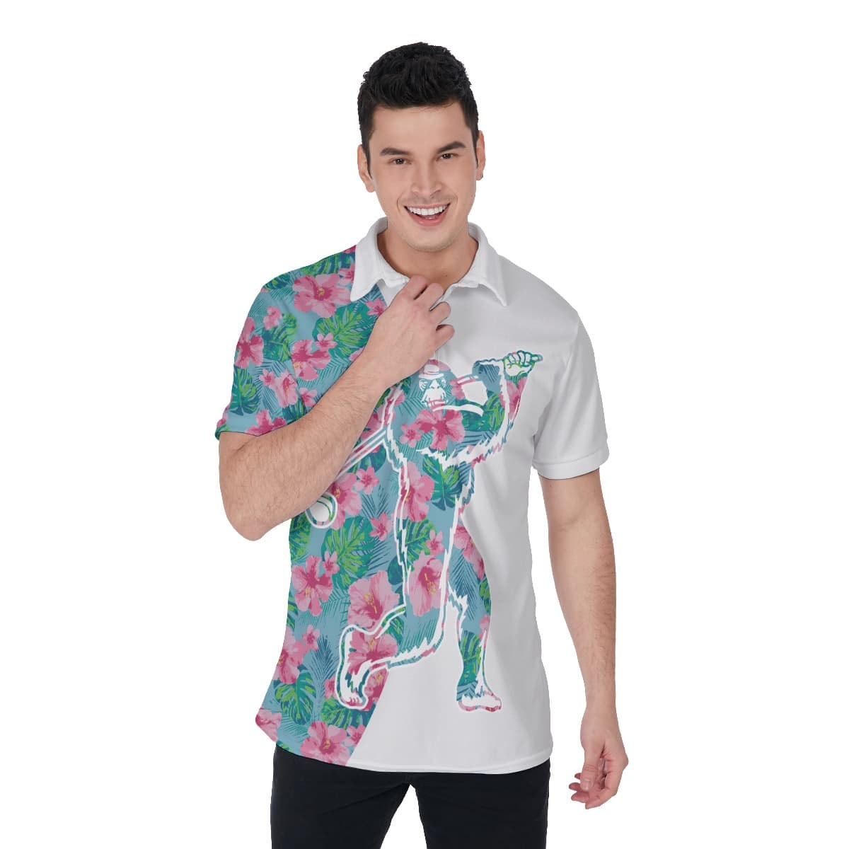 Funny Bigfoot Playing Golf Floral Men's Polo Shirt