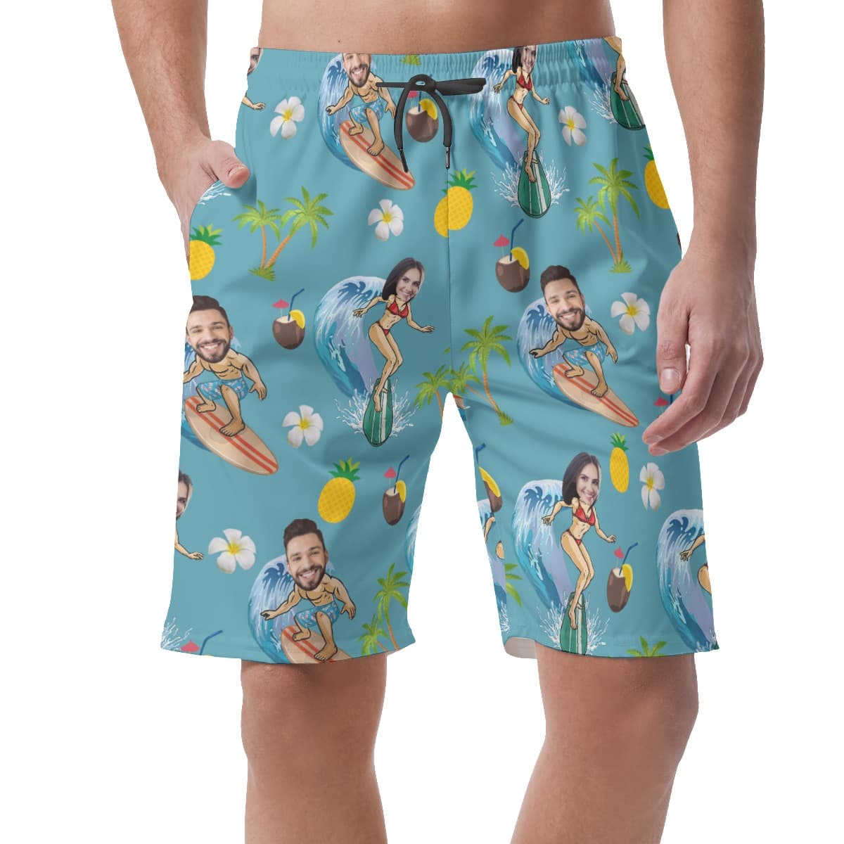 Funny Couple Surfing Custom Face Hawaiian Beach Shorts For Men
