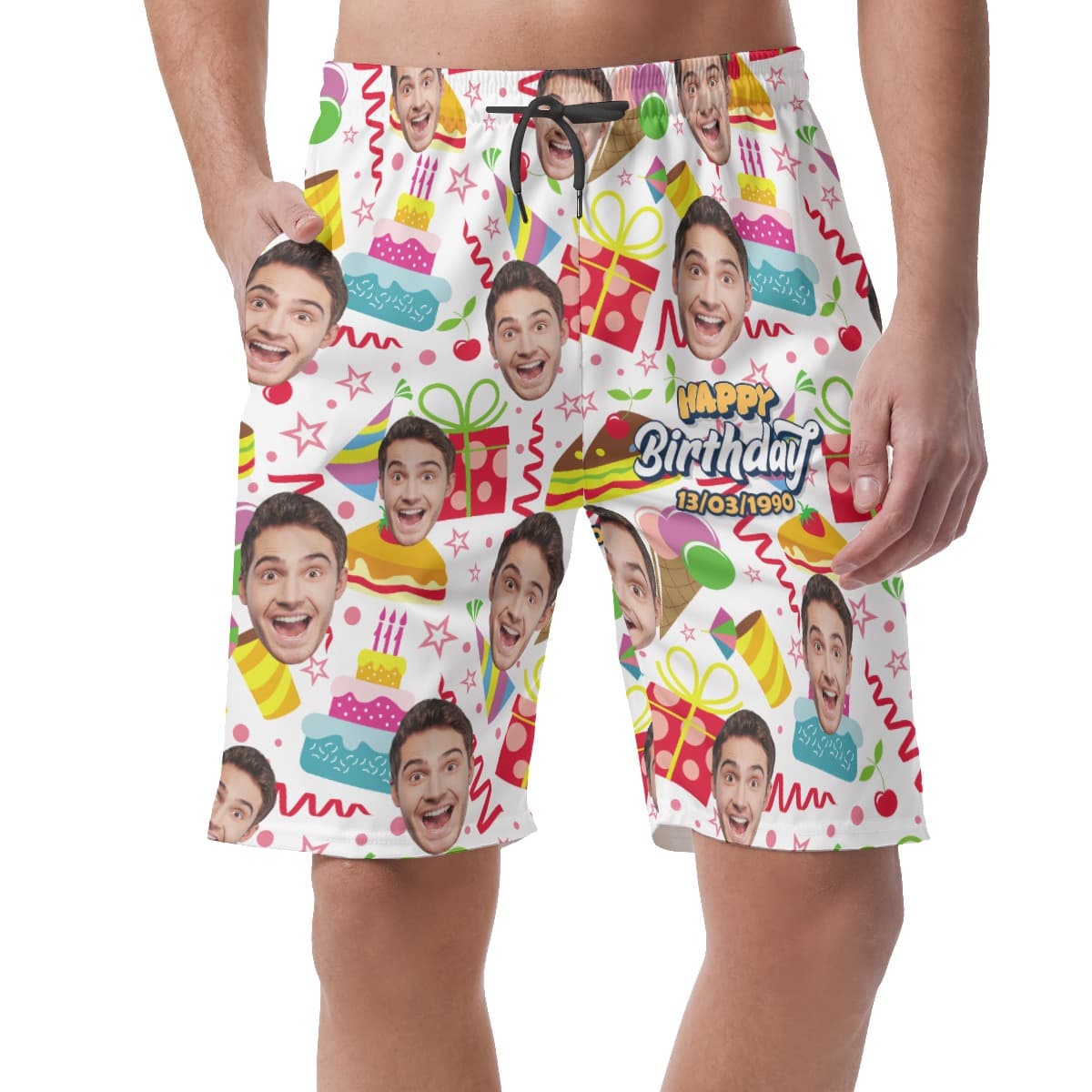 Funny Custom Face And Birthday Date Hawaiian Beach Shorts For Men