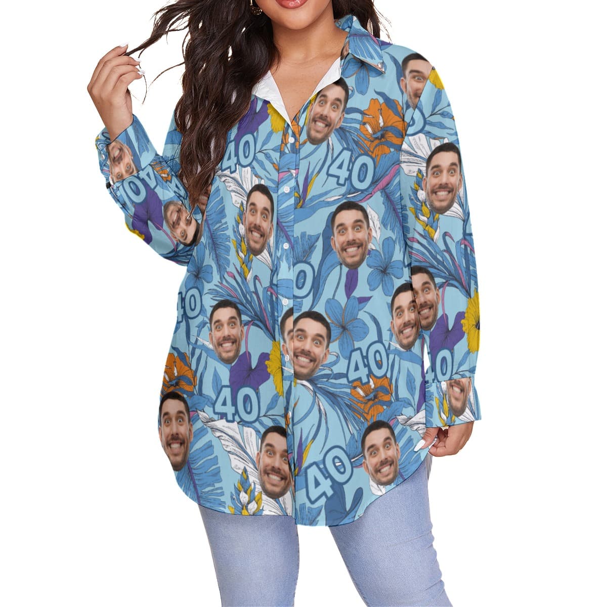 Funny Custom Face Birthday Floral Hawaiian Plus Size Shirt For Women