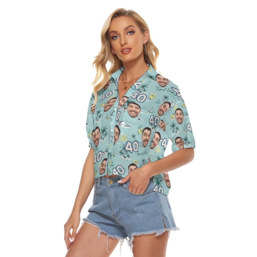 Funny Custom Face Birthday Tropical Blue Hawaiian Crop Top Shirt